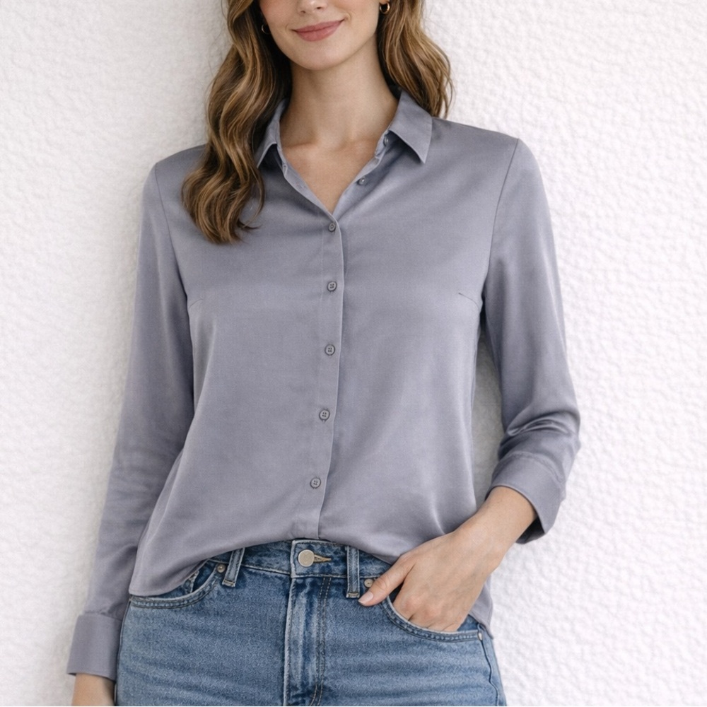 Express | Gray Button Down Blouse | Medium | Long Sleeve Work Top